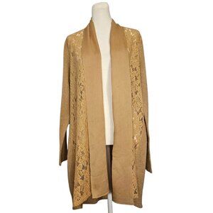Chico’s Knit Sweater Open Front Lace Tan Camel Mohair Wool Women's SZ 1 Medium